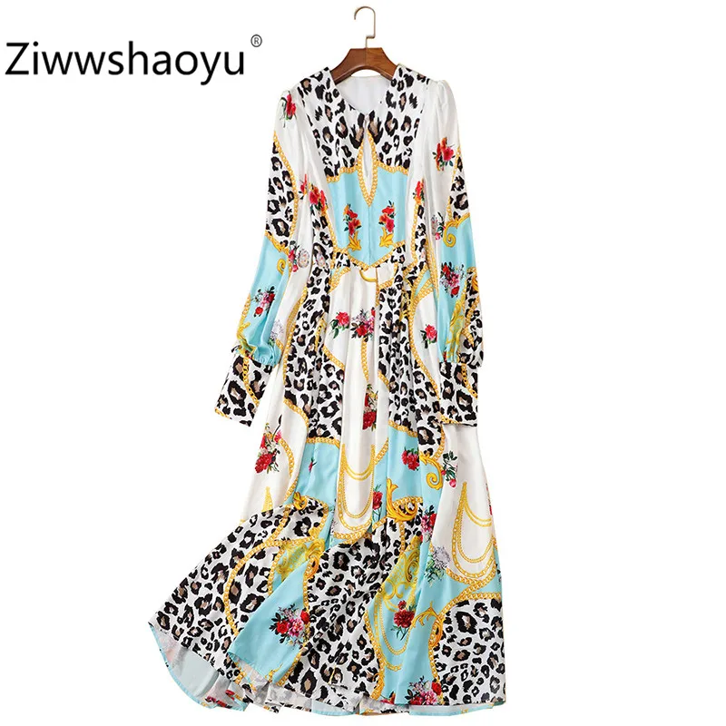 Ziwwshaoyu 2019 Nieuwe Herfst Winter Lange Mouwen Maxi Jurk Vrouwen Sexy Luipaard Bloem Gedrukt Gewaad Elegante Partij Lange Jurken