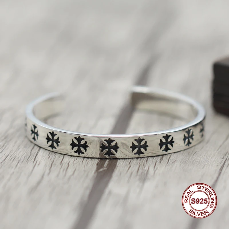

s925 sterling silver new Bangles Simple and generous popular Retro bracelet Classic style punk cross Send a gift to love For