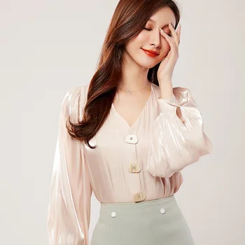 

New 2019 lantern Sleeve Loose Women Blouses Shirt apricot Shirt Korean Pearlescent chiffon Shirt Small Fresh Tops Female Blusas