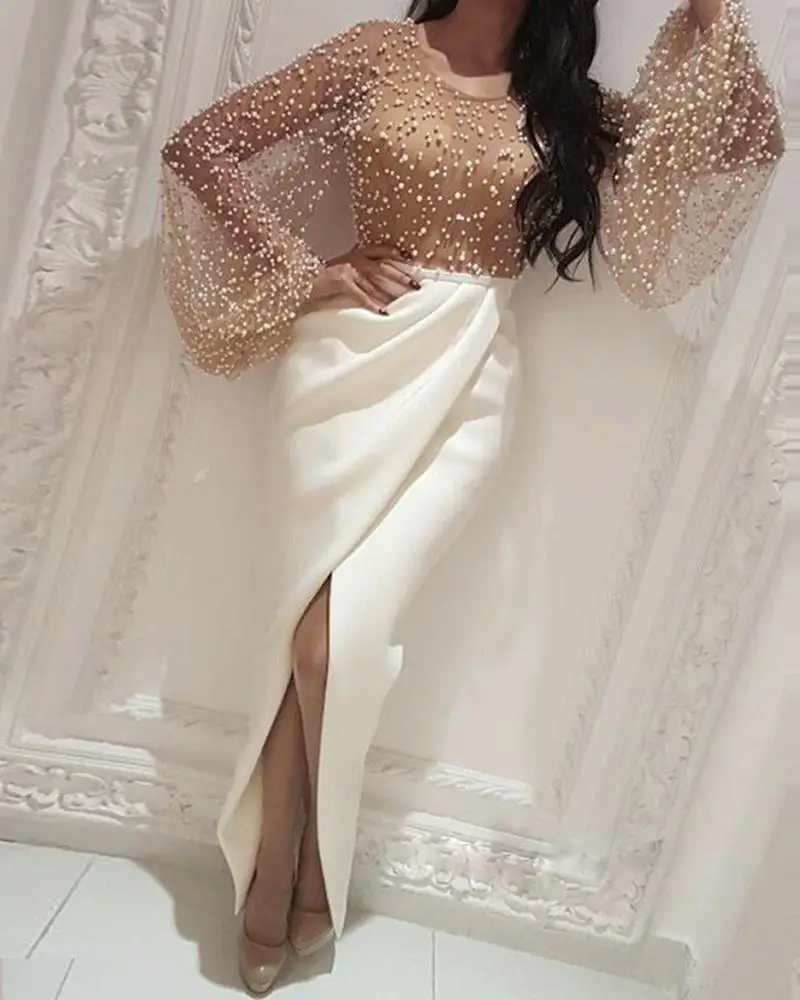 Украшенный бисером Сетчатое лоскутное платье с разрезом женское элегантное торжественное платье Макси женское платье с длинным рукавом-фонариком вечерние платья