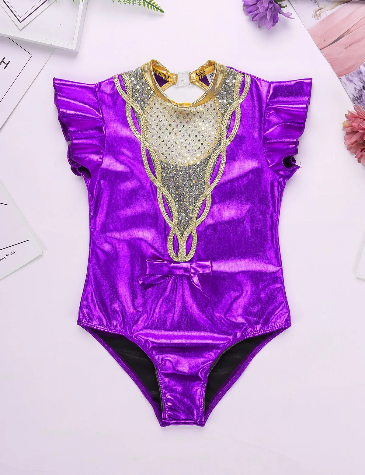 ChicTry Kids Girls Short Flutter Sleeves Sequined Metallic Gymnastics Leotard Child Ballet Costume Stage Performance Dance Wear