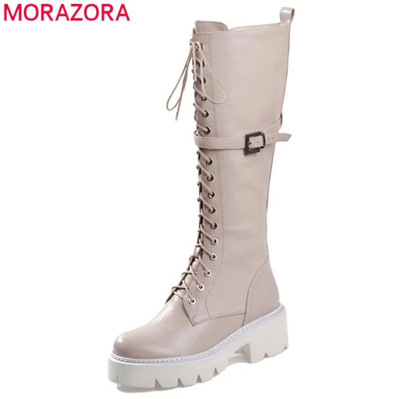 Женские сапоги до колена MORAZORA черные из натуральной кожи на платформе и