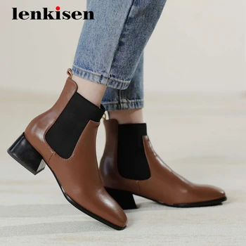 

Lenkisen Chelsea boots real leather stretch high quality all-match thick med heel square toe slip on beauty lady ankle boots L28