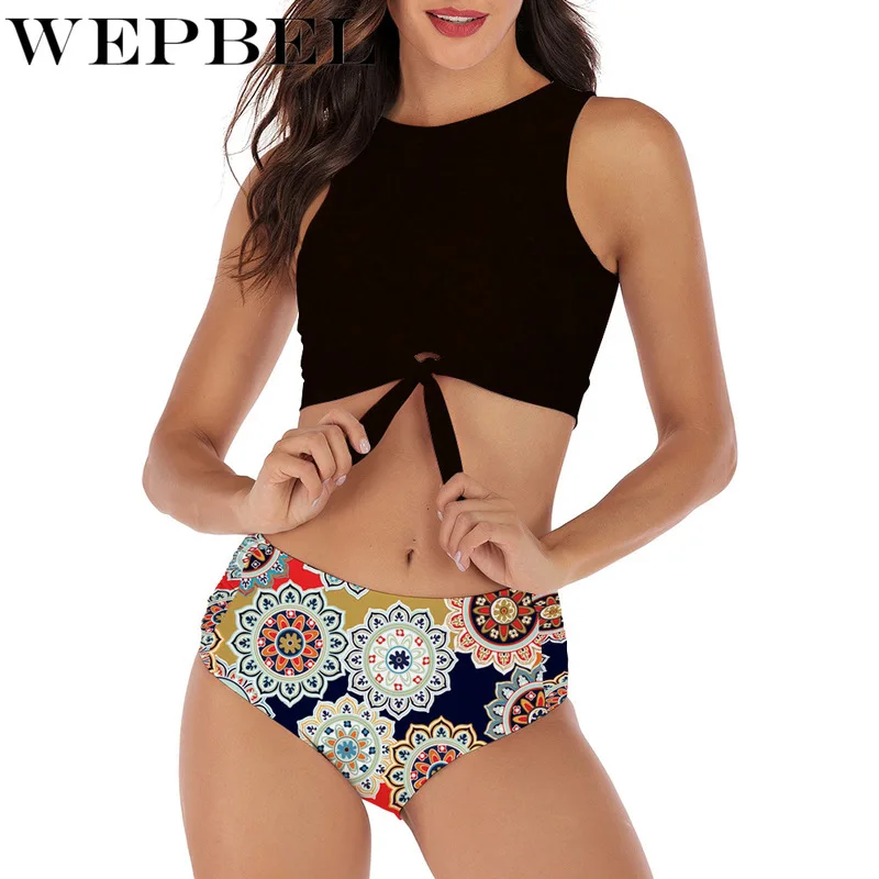 

WEPBEL Strapless Bandeau Padded Two Pieces Summer Swimsuit Bathing Suit Women High Waist Printed Bikini Set
