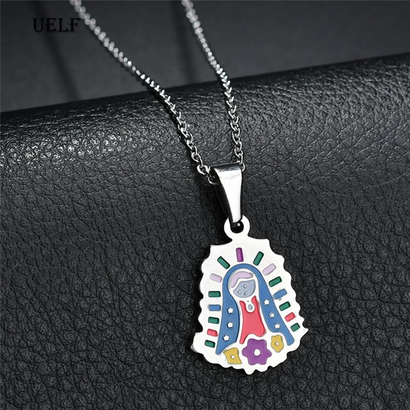 UELF Cute Enamel Maria Pendant Necklace Cartoon Style Catholic Religious Christian Colorful Jewelry For Women Gift | Украшения и