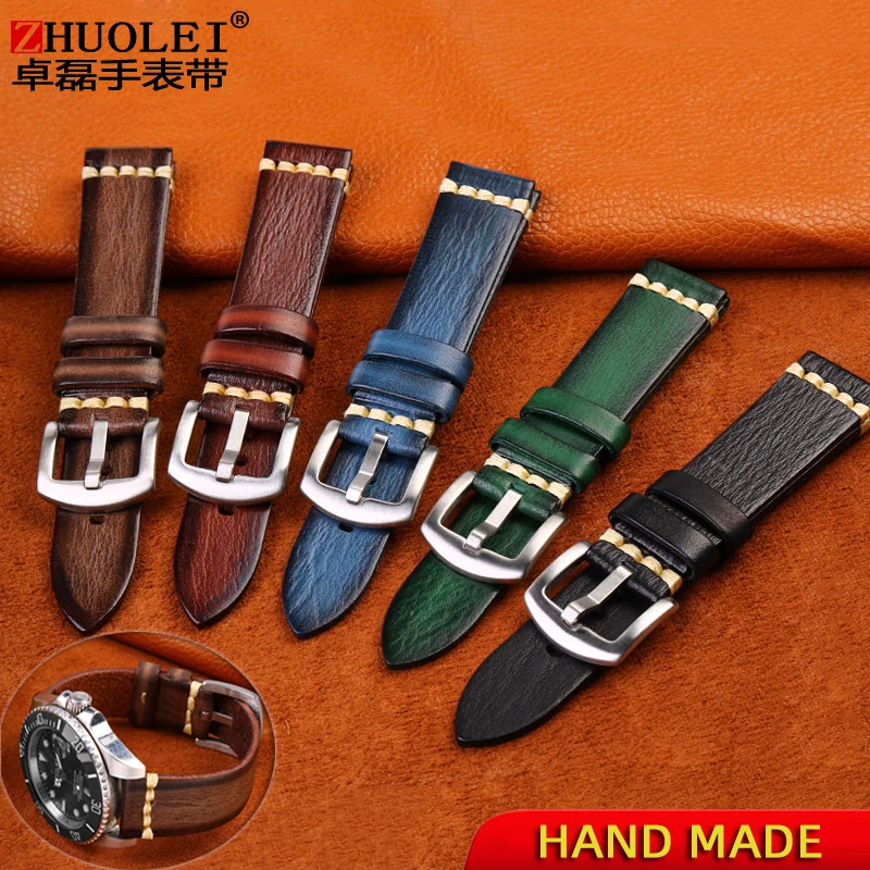 Cinturino Per Orologio In Vera Pelle Fatto A Mano 20Mm 22 Mm24 Per Rolex Citizen Omega Mido Huawei Gt Cinturino Da Uomo Marrone Blu Verde Grigio