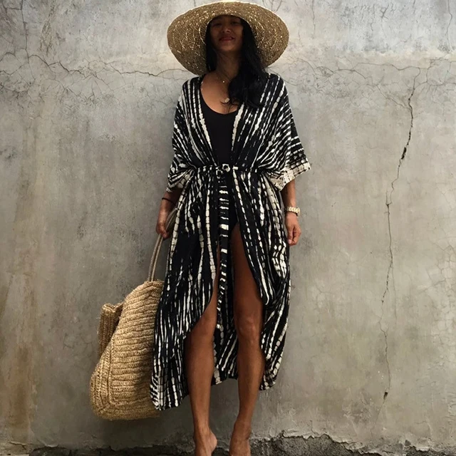 2021 Bohemian Black Retro Striped Batwing Sleeve Self Belted Plus Size Long Kimono Dress Tunic Women Summer Beach Dress N1225 6