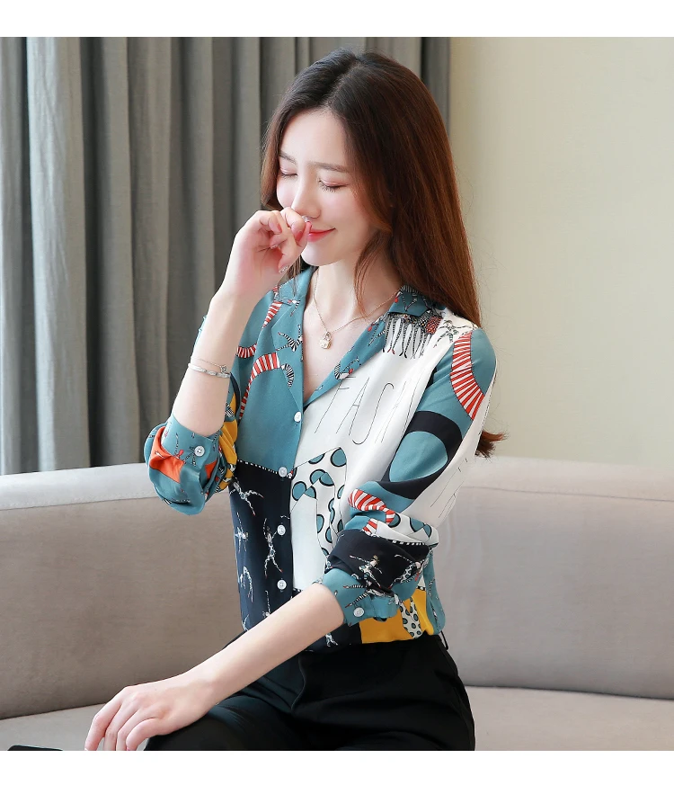 Camisas Mujer Новая Винтажная блуза с длинным рукавом и принтом женская рубашка OL свободного размера плюс кардиган Женские рубашки топы 7058 50