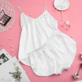 

Sexy Sleepwear For Women Satin Pajama Set V-Neck Satin Nightwear Sleeveless Camisole + Shorts Home Nightgown summer homewear A50