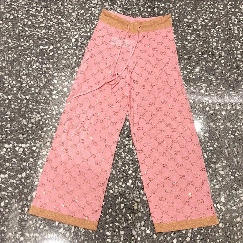 

2019 Autumn Silk High Waist Wide Leg Pants Thin Crystale Studded Knit Trousers Large Size Soft SweatPants Women
