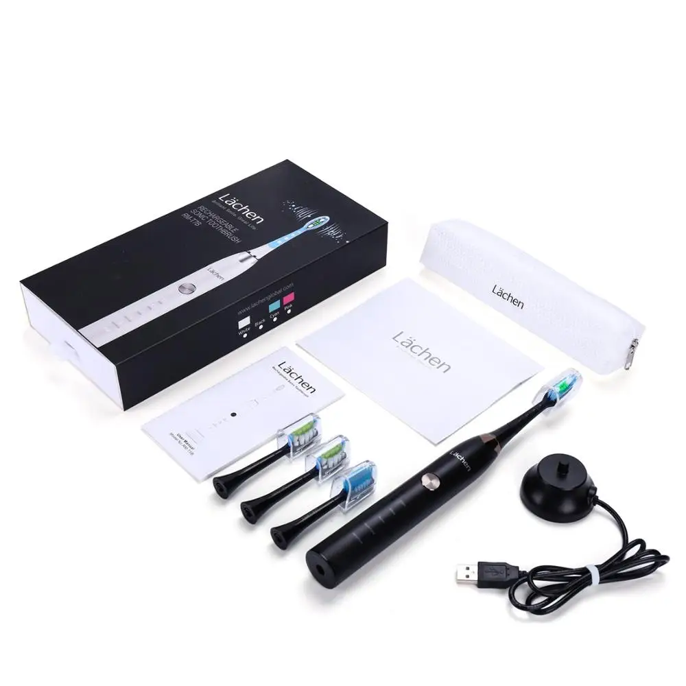 Черный Lachen T7B Sonic Electric Toothbrush buy one get one free with 8 brush heads and timer 5 modes USB charging - Цвет: Черный