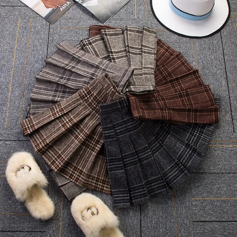 

Girls Acrylic Plaid A-Line Above Knee Mini Winter Women Plaid Skirt School Uniform Skirts