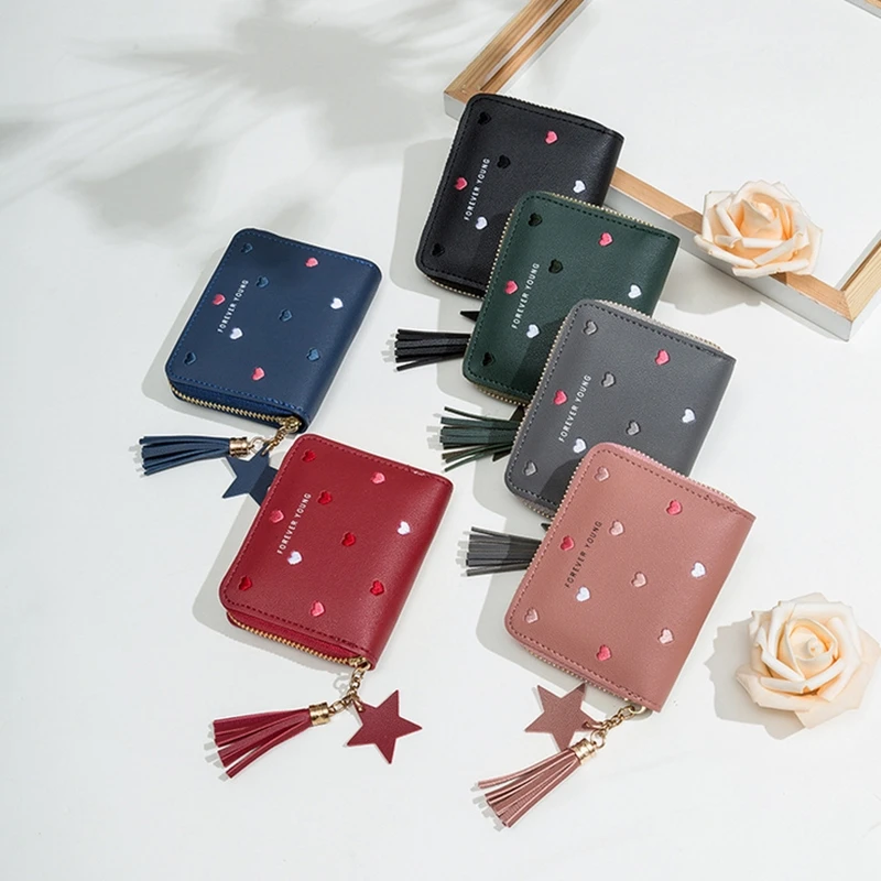 

Women Wallets Cash Cards Holder Small Zipper Wallet Short Design Tassel All-match Purse Girls PU Leather Change Coin Holder