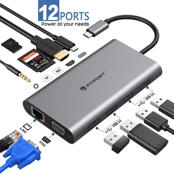 

USB C Hub Multiport Adapter DUAL-Display 12 in 1 Aluminum Type C Adapter 4K HDMI VGA USB 3.0 Ports TF/SD Card Reader Type C PD