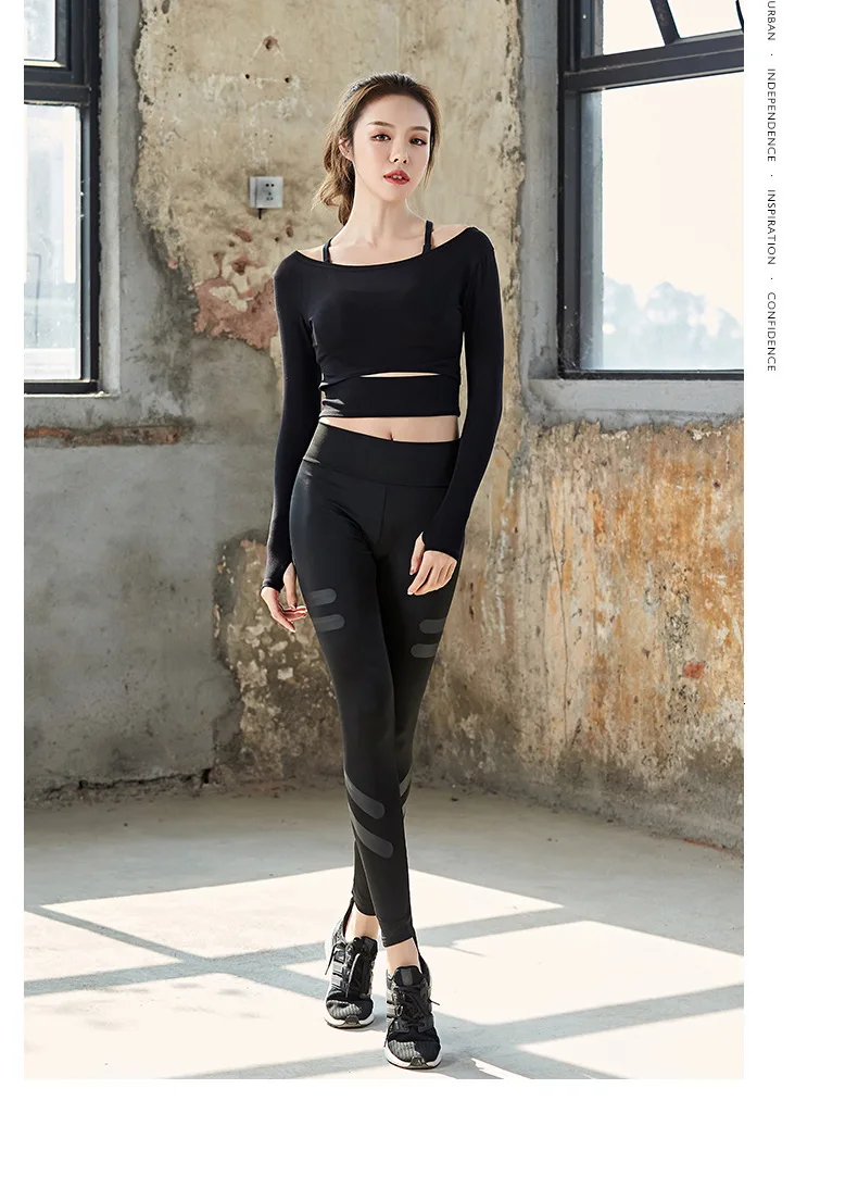 Black 2 Piece Одежда для йоги, спортивная одежда для женщин, спортивный костюм для спортзала, Женский комплект для йоги, одежда для фитнеса, одежда с длинным рукавом, бюстгальтер, леггинсы, 3/2 шт - Цвет: Black 2 Piece
