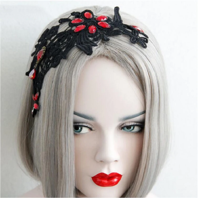 

NEW-Halloween Personality Fashion Exotic Style Women Black Lace Red Rhinestone Headbands Queen Van Christmas Hair Accessory