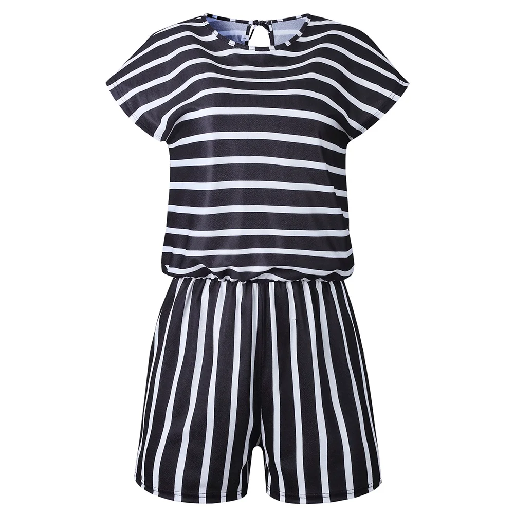 

Ladies Romper Jumpsuit Short Sleeve Striped Printed Women Bodysuit Romper Pocket Round Neck Female Jumpsuit Playsuit D30