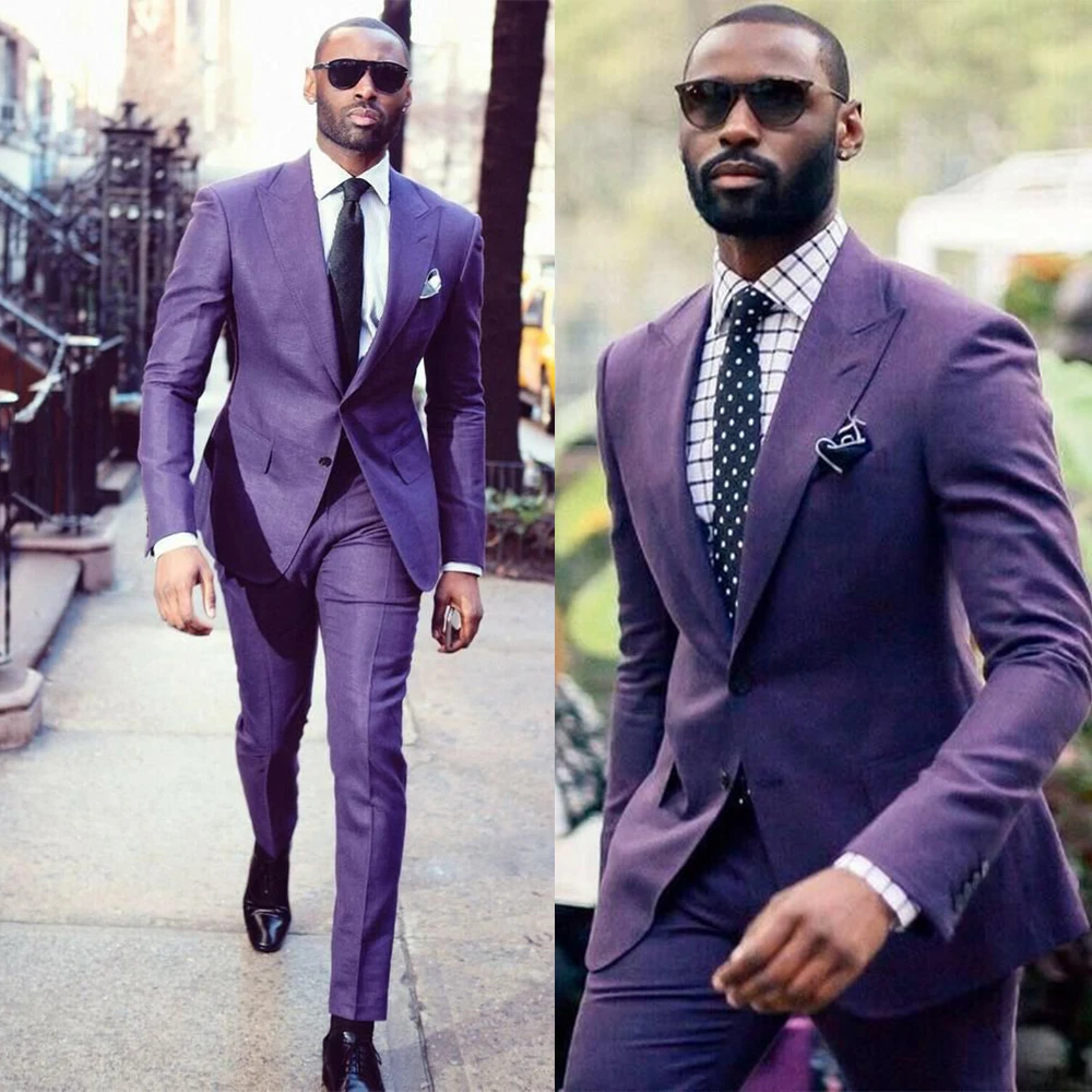 Purple Men Suits Two Piece Coat &amp; Pants Made Peaked Lapel Suit Colorful Outfit