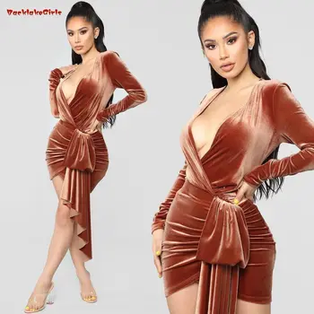 

BacklakeGirls Sexy V Neck Brown Cocktail Dress Long Sleeve Split Joint Short Night Club Party Woman Dress Vestido Coctel Corto