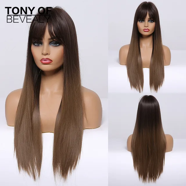 Long Straight Brown Ombre Natural Hair Wigs Middle Part Heat Resistant Synthetic Wigs for Afro Women Daily Cosplay Fashion Wigs lc261-1