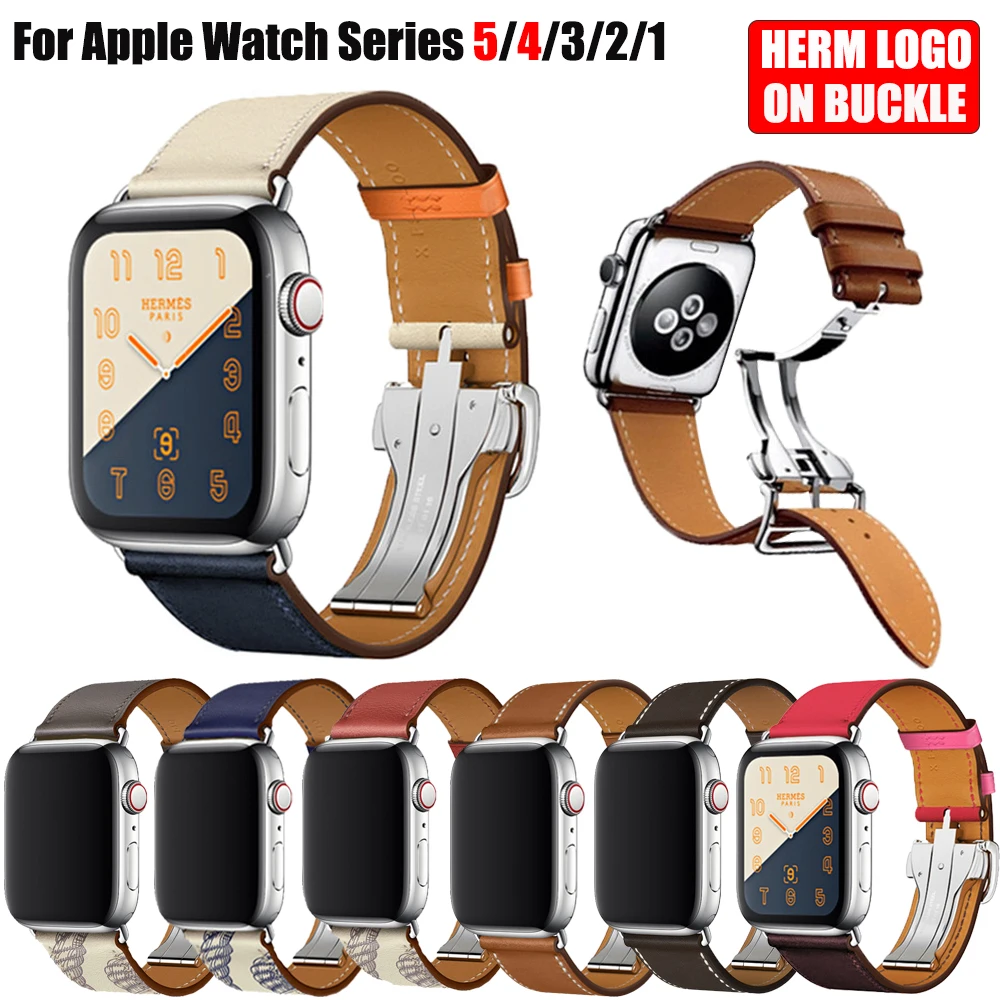 Cena Logo Herm na metalowej klamrze do zegarka Apple Series 5 4 3 2 1 44mm 40mm od zegarków skórzana bransoletka z paskiem do iWatch 5