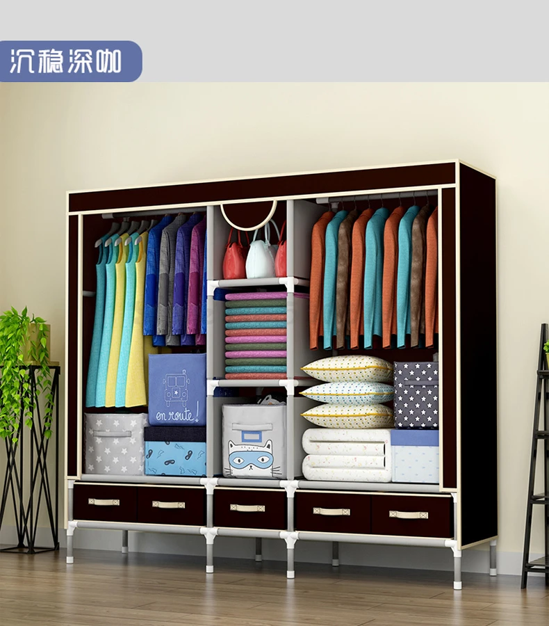 Wardrobe Simple Cloth Wardrobe Steel Pipe Bold Reinforcement Economical Thickening Simple Fabric Multi-coating All Steel Frame