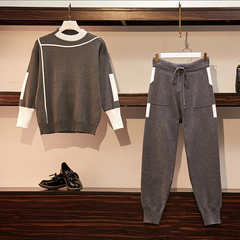 

Women Knitted 2 Piece Set Casual Sportsuit O Neck Long Sleeve Pullover Sweater And Pant Set Autumn Winter 2Pcs Clothes Tracksuit