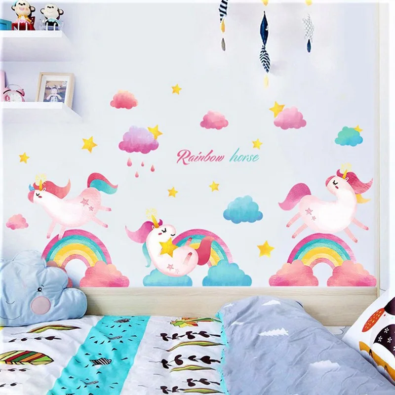 

Magical Unicorn Horse & Rainbow Stars Childrens Wall Stickers Rainbow Family