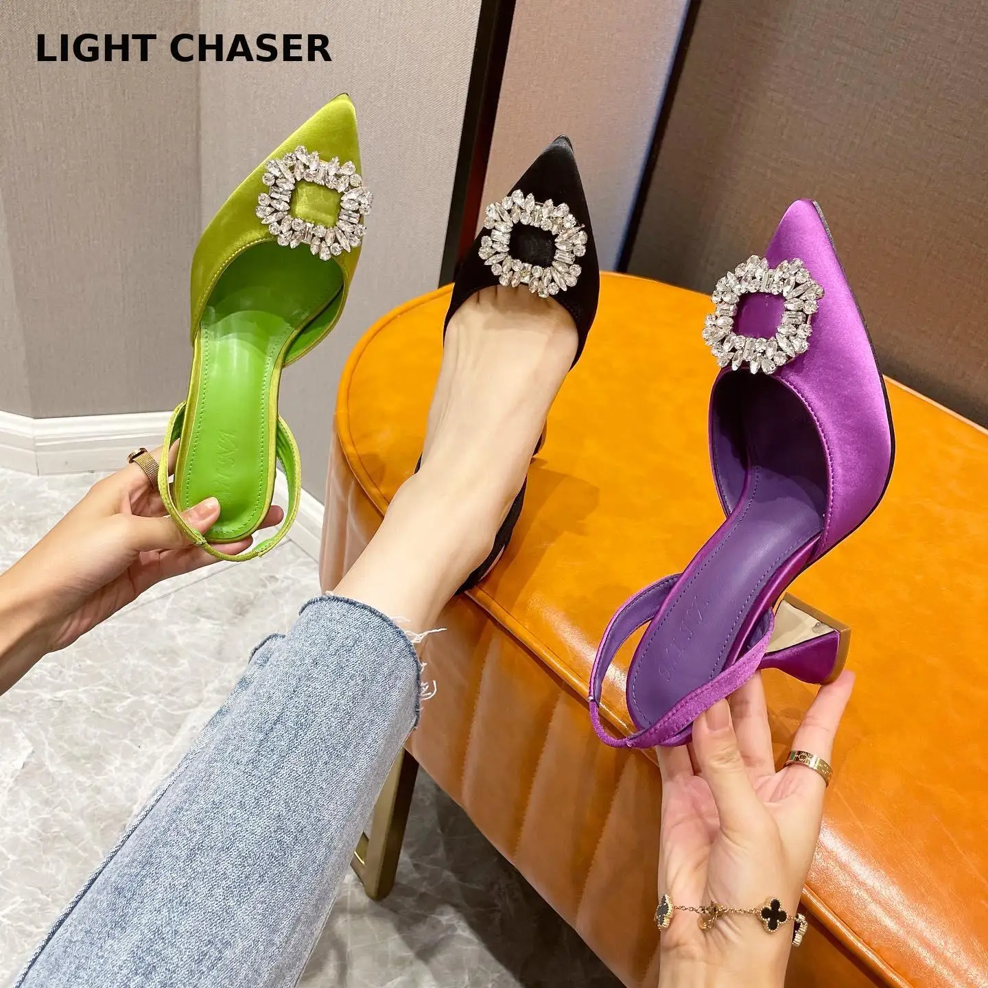 

Fashion Summer Sandals Sexy Women's Sandals Party Shoes Woman Rhinestone Pointed Toe High Heels Shallow Mouth Single Shoes 41
