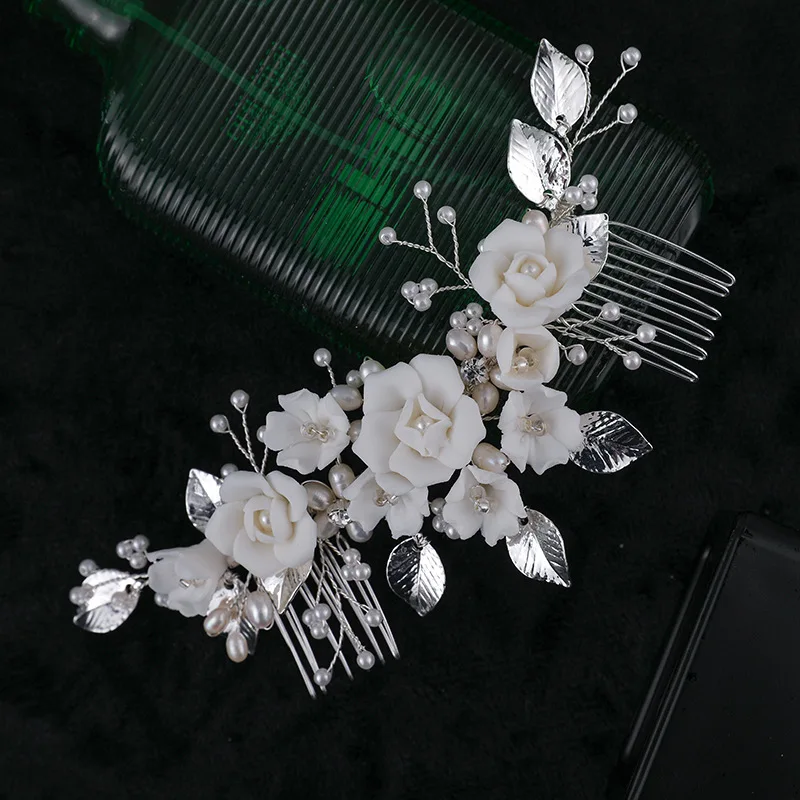 Floralbride Handmade Porcelain Flower Freshwater Pearls Bridal Hair Comb Hair Pins Wedding Hair Accessories Women Hair Jewelry