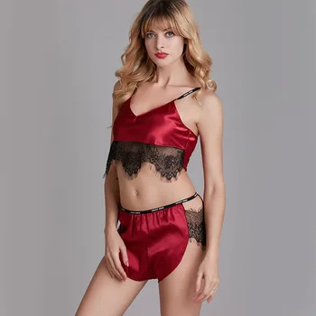 

Pajamas Set Satin 2PCS Women Sexy Lace Patchwork Intimate Lingerie Strap Top&Shorts Perspective Sleepwear Nightwear Pyjamas