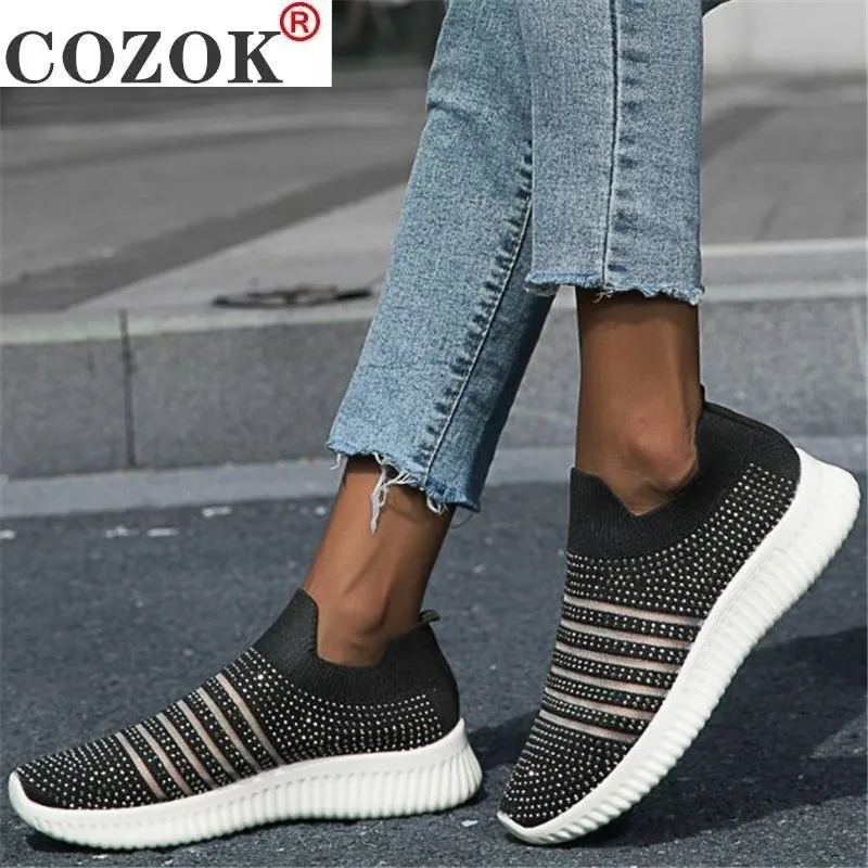 

Women Flats Sneakers Crystal Fashion Bling Sneakers Casual Slip On Sock Trainers Winter Women Vulcanize Shoe Zapatillas Mujer
