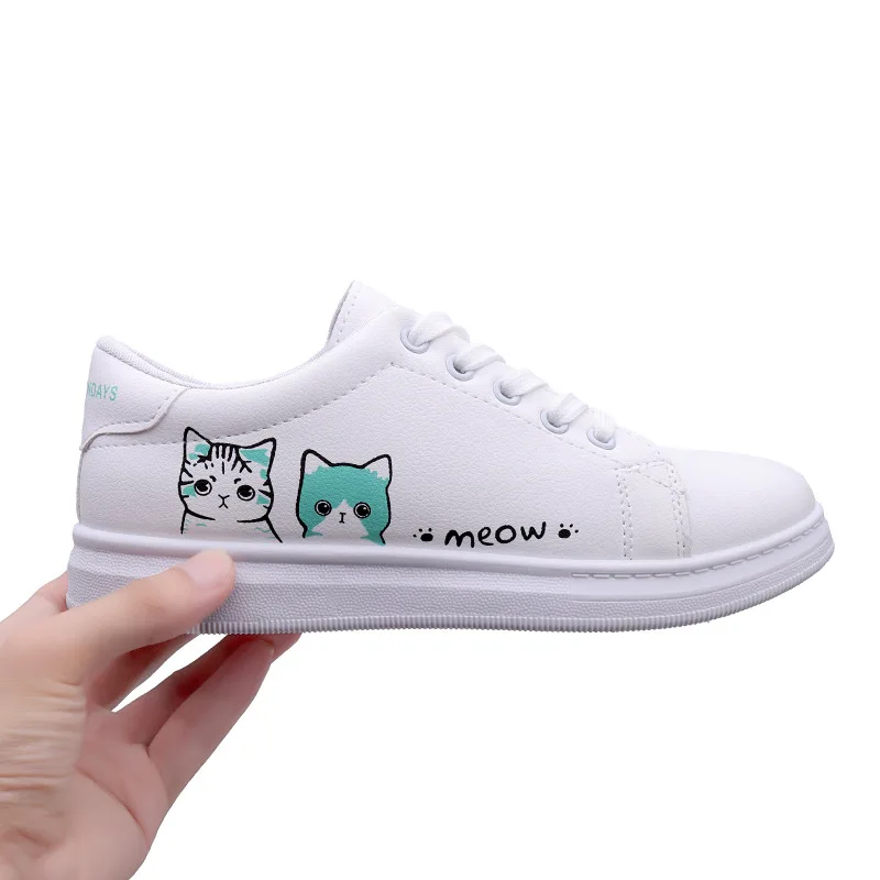 LIAOCHI/женская повседневная обувь; повседневная обувь с принтом; женская обувь из искусственной кожи; Новинка года; Модные женские кроссовки на шнуровке с милым котом - Цвет: 3