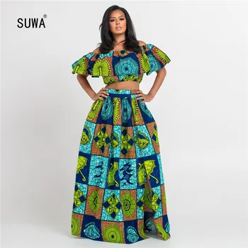 

Geometric Print Elastic Waist Maxi Skirts Hot Sale Summer Beach Sexy Women High Waist Split Side Ball-gown 3 Color