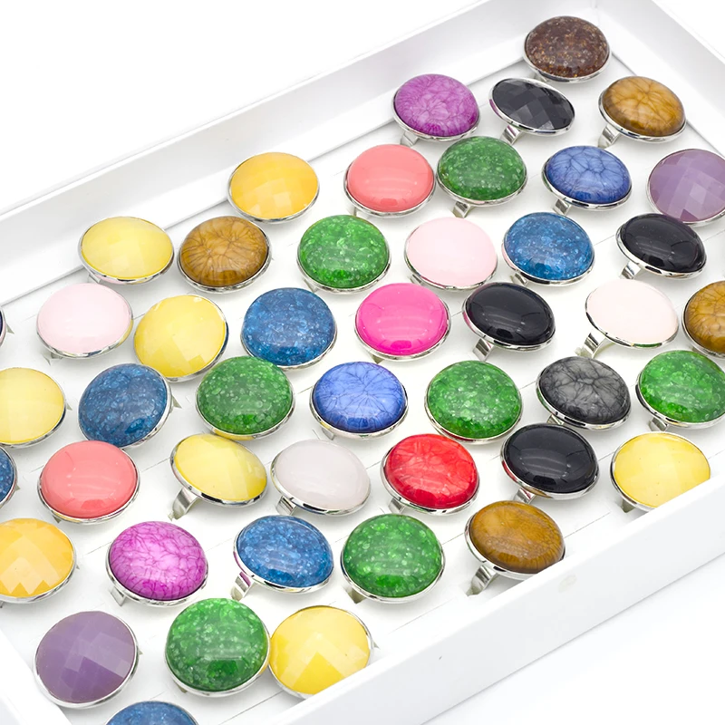 20 Pcs/Lot Vintage Jewelry Retro Imitated Natural Round Stone Women Rings Adjustable Size Wholesale Party Gifts