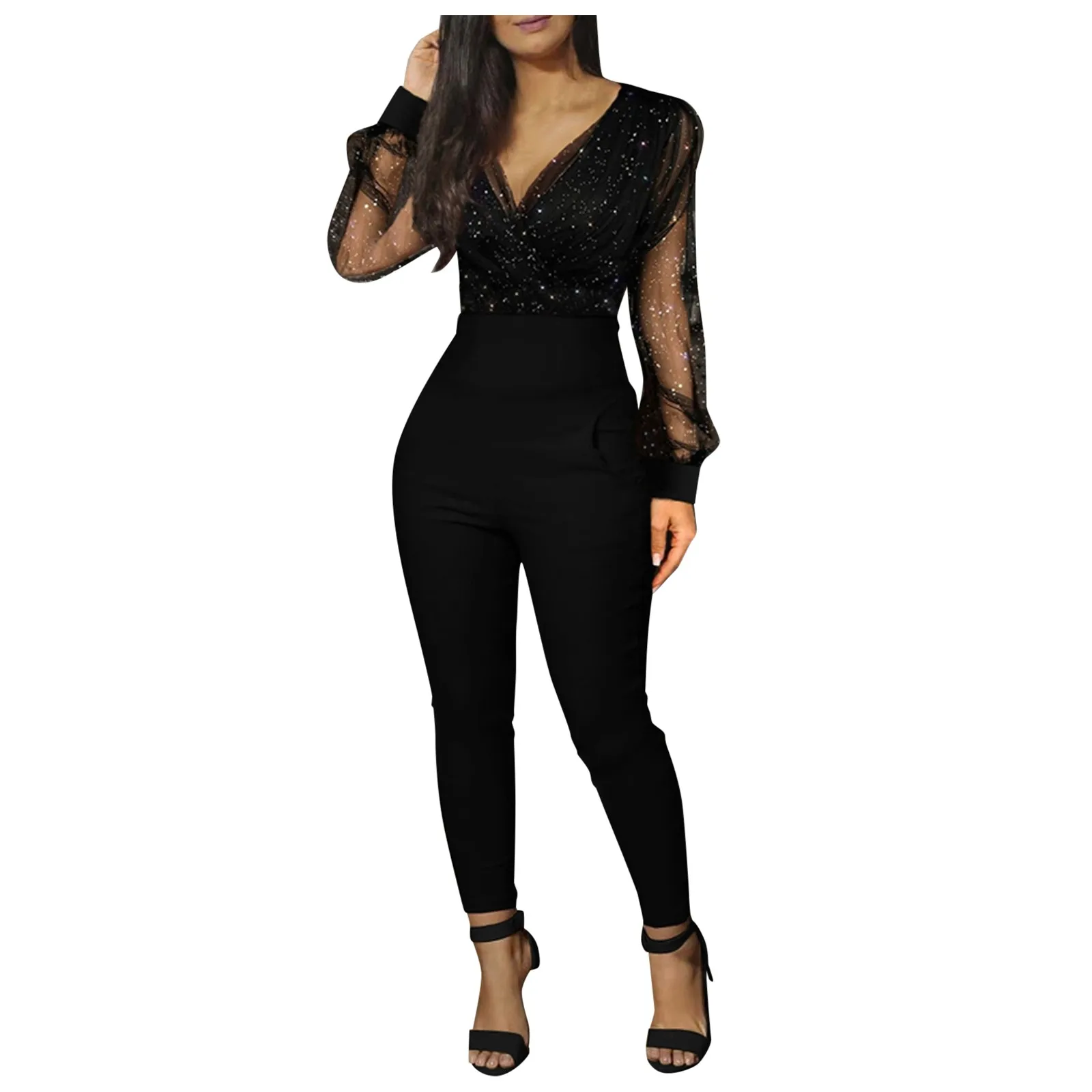 Women's Fashion V neck Sequined Mesh Glitter Party Rompers Elegant Long  Sleeve Lace Up Pocket Long Pants One Piece Jumpsuit#g3|Jumpsuits| -  AliExpress