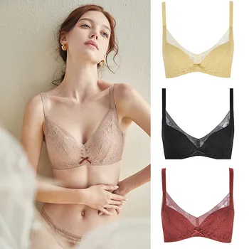 

High Quality Delicate Floral Embroidery Lace Bras For Women No Wire Ring Support Push Up Gather Bra Lingerie Brassiere Underwear