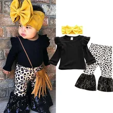 Комплект из 3 предметов, модная Осенняя футболка с длинными рукавами для маленьких девочек расклешенные штаны спортивный костюм с расклешенным низом, комплект одежды, От 6 месяцев до 4 лет