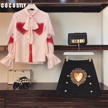 

2 piece set women Embroidery Blouse Shirts+High Waist Button Mini Skirts 2 Pieces Clothing Skirt Set Suits