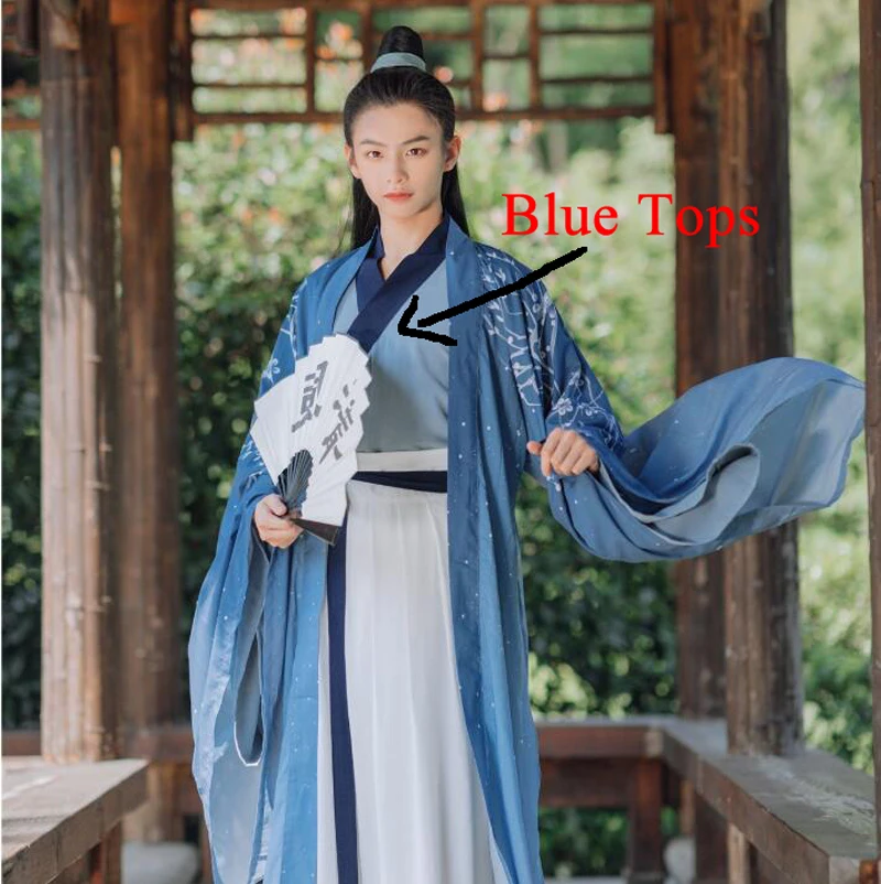 Blue tops Традиционный Китайский Улучшенный Hanfu платья Тан костюм сценическое платье женщины мужчины пары Восточный фестиваль наряды халаты древний костюм - Color: Blue tops