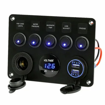 

5 Gang LED Switch Panel Dual USB Car Boat Marines Blue Lights Rocker Breaker Voltmeter 12V-24V Cigarette Lighter Switches Relays