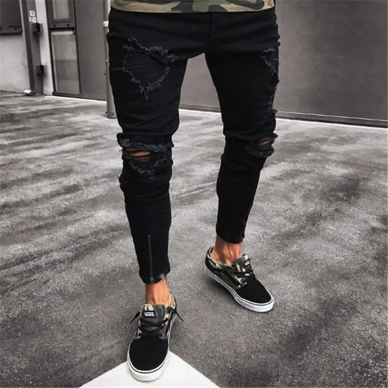 Mens Cool Designer Brand Black Jeans Skinny Ripped Destroyed Stretch Slim Fit Hop Hop Pants With Holes For Men