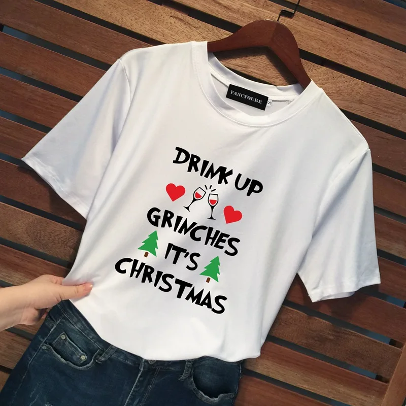 Футболка с надписью DRINK UP GRINCHES, Женская рождественская футболка с коротким рукавом и круглым вырезом, Женская Повседневная Уличная одежда, пуловер Harajuku, топы
