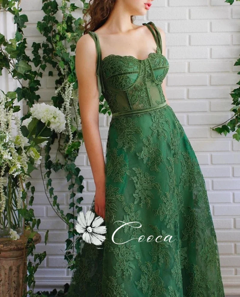 party gown for women Emerald Green Lace Evening Dresses Appliques Spaghetti Straps Evening Gowns Floral Floor-length Party Dresses Long Prom Gowns evening wear