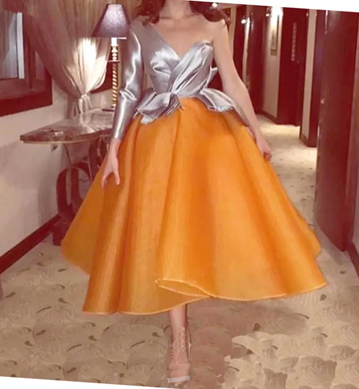 

Chic Design Organza Sliver One Shoulder Long Sleeves Evening Dress Custom Made Special Occasion Party Formal Gown Dresses 2019