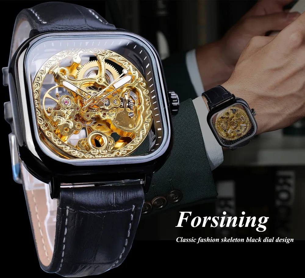 Forsining Новые поступления Черные Квадратные механические часы с автоматическим скелетом Прозрачные наручные часы из натуральной кожи Montre Homme