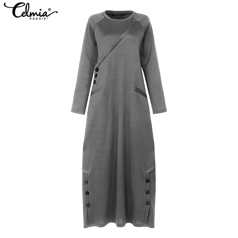 Celmia Women Sweatshirt Dress Autumn Winter Fleece Maxi Long Dress Casual Pullovers Long Sleeve Button Basic Vestidos 5XL 7