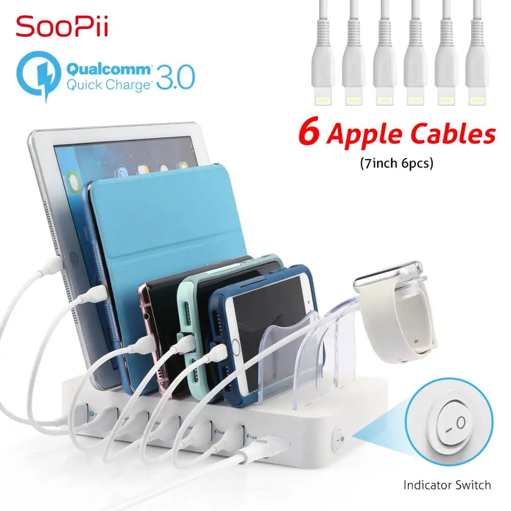 Charging Station for Multiple Devices Seenda 5-Port 50W 10A USB Charging Station Organizer Desktop Charger with 8 Short Mixed USB Cables Compatible with iPad iPhone and Android Cell Phone Tablets