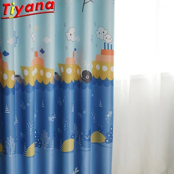 

Cartoon Boat Clouds Printing Curtains for Living Room Children's Blackout Curtains Blue Submarine Ocean Window Drapes HM405#30