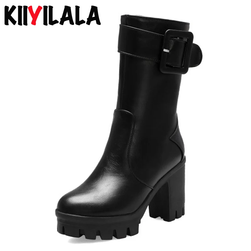 

Kiiyilala Platform Mid-calf Boots Women Winter Shoes High Heels Short Plush Warm Womens Boots Chunky Heel Shoes With Belt Buckle